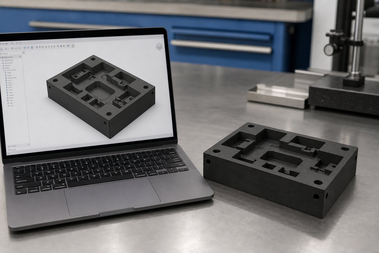 UG 三维模型与 CNC 加工后石墨实物件对照